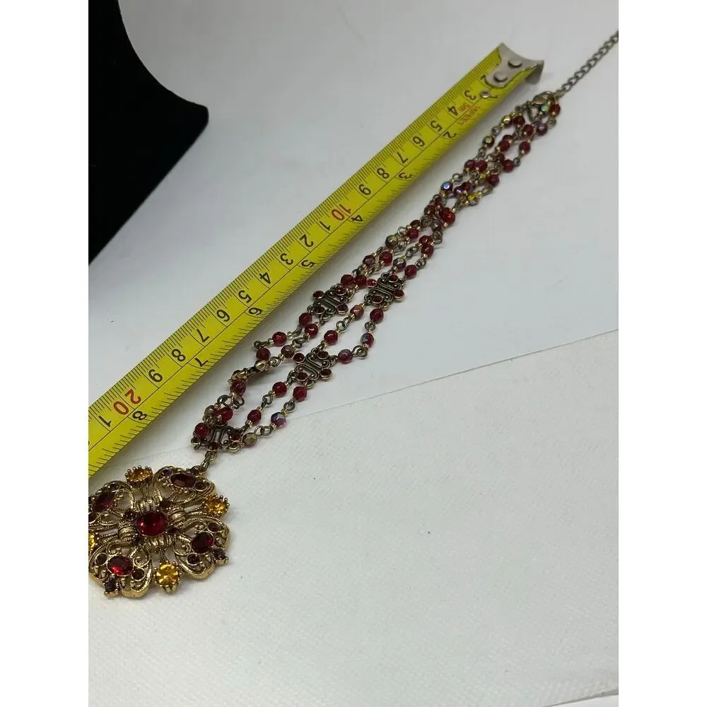 AVON Vintage Maltese Festoon Nina Ricci Necklace Rhinestone Medallion Red Gold - Picture 7 of 8